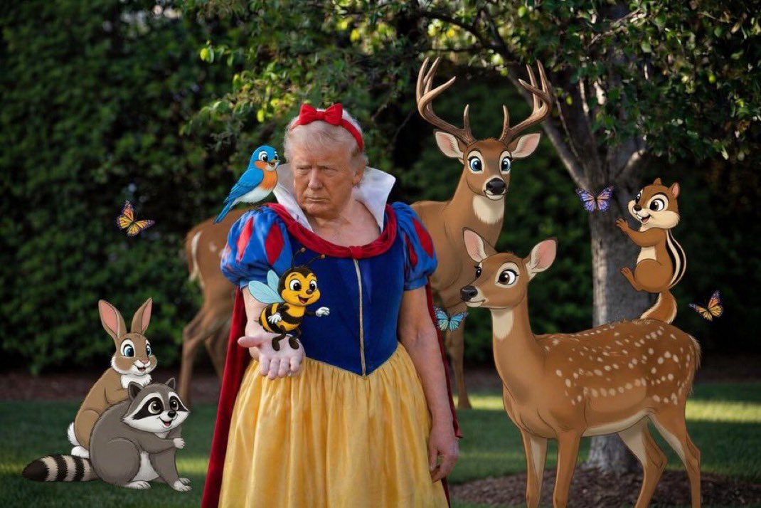 Example meme — Trump as Snow White surrounded by cartoon animals